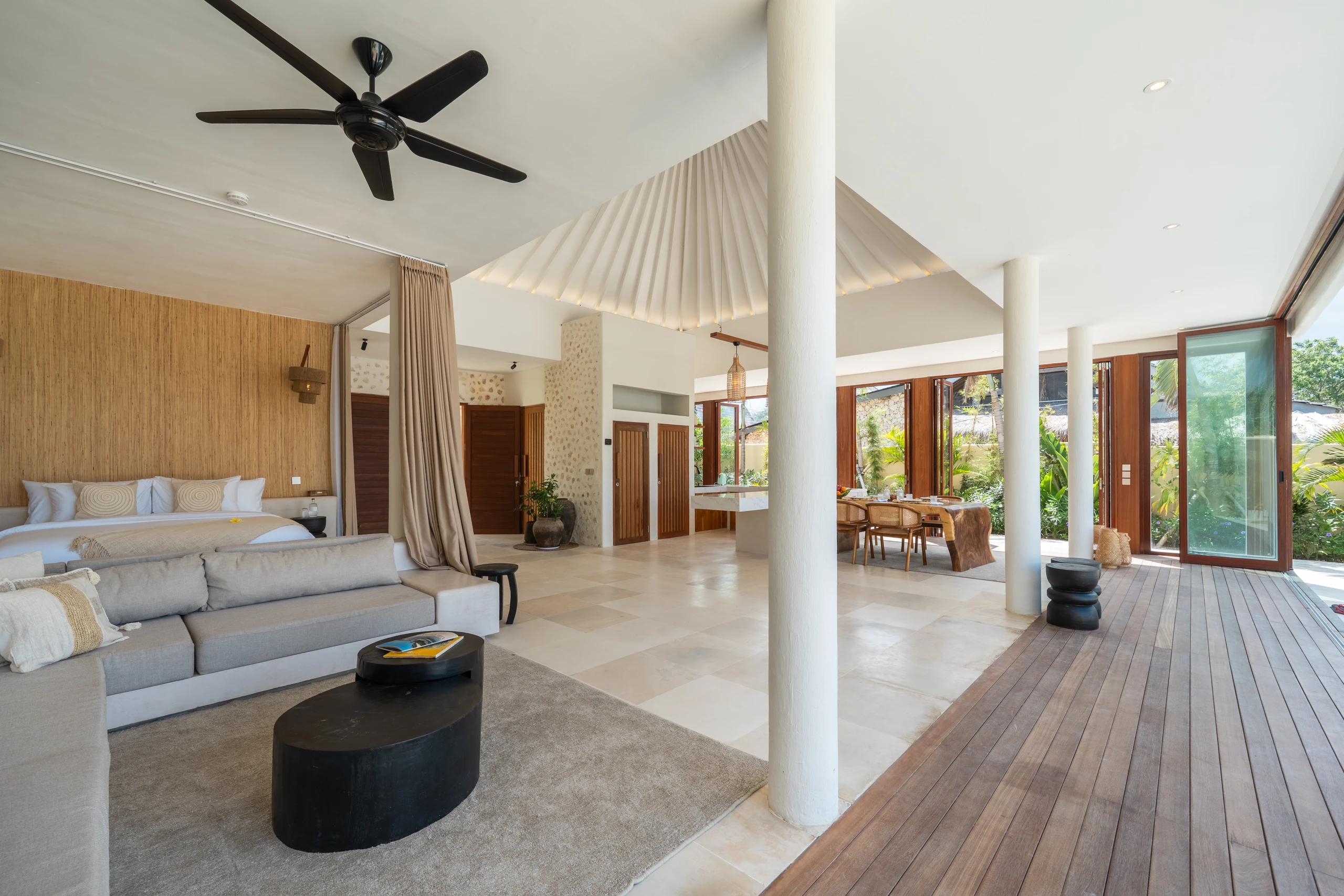 Open living area with handcrafted teak details