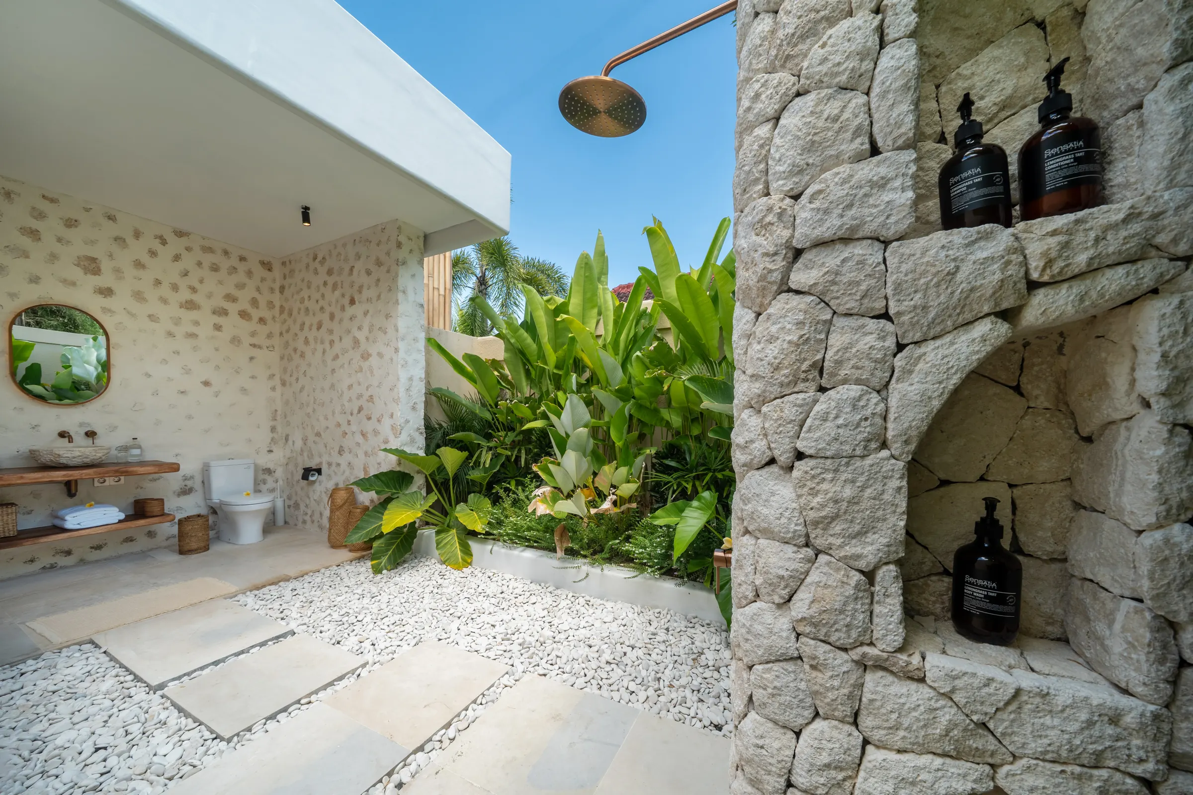 Outdoor rain shower in natural stone