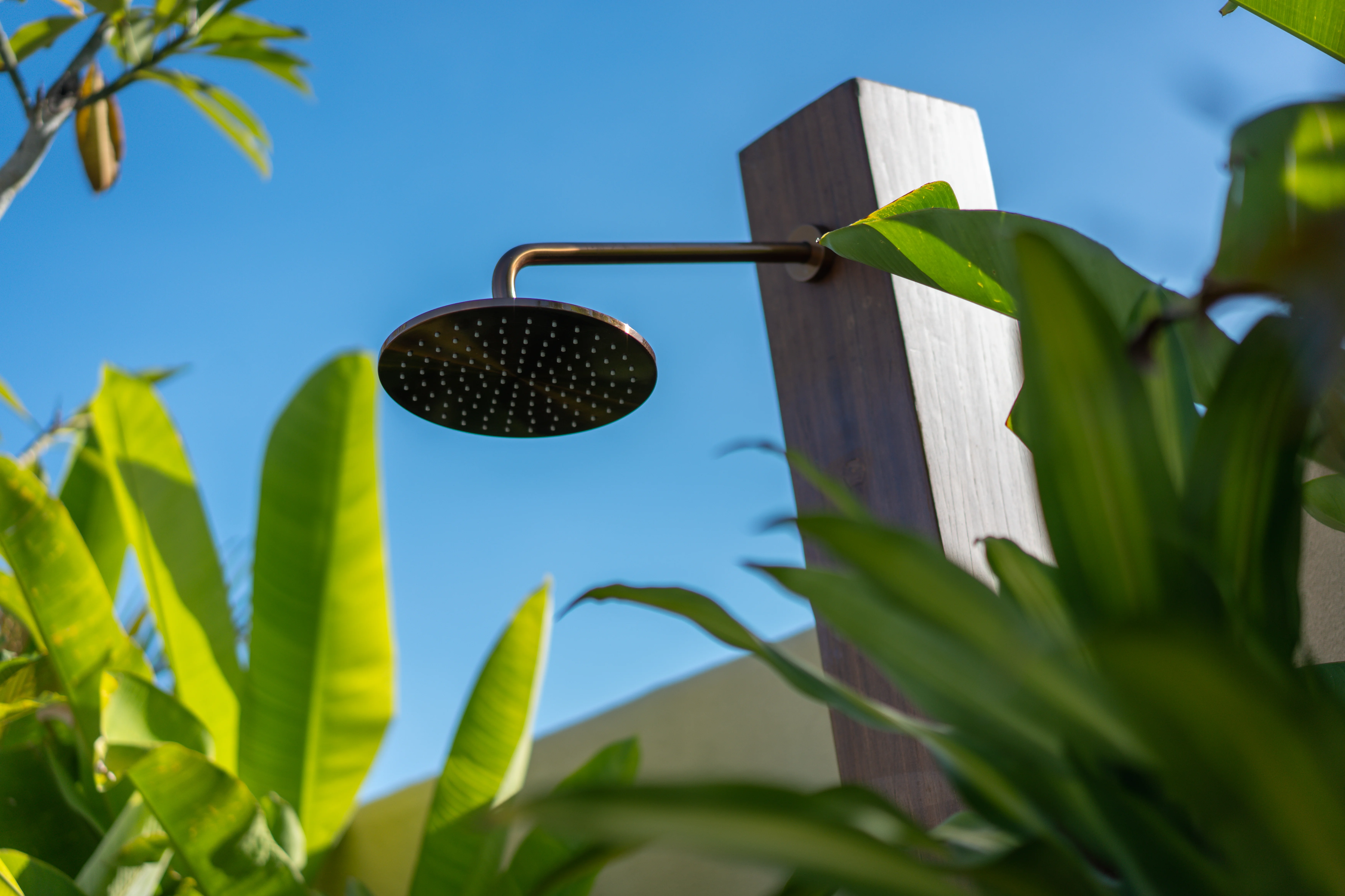 Rain shower head against a blue sky