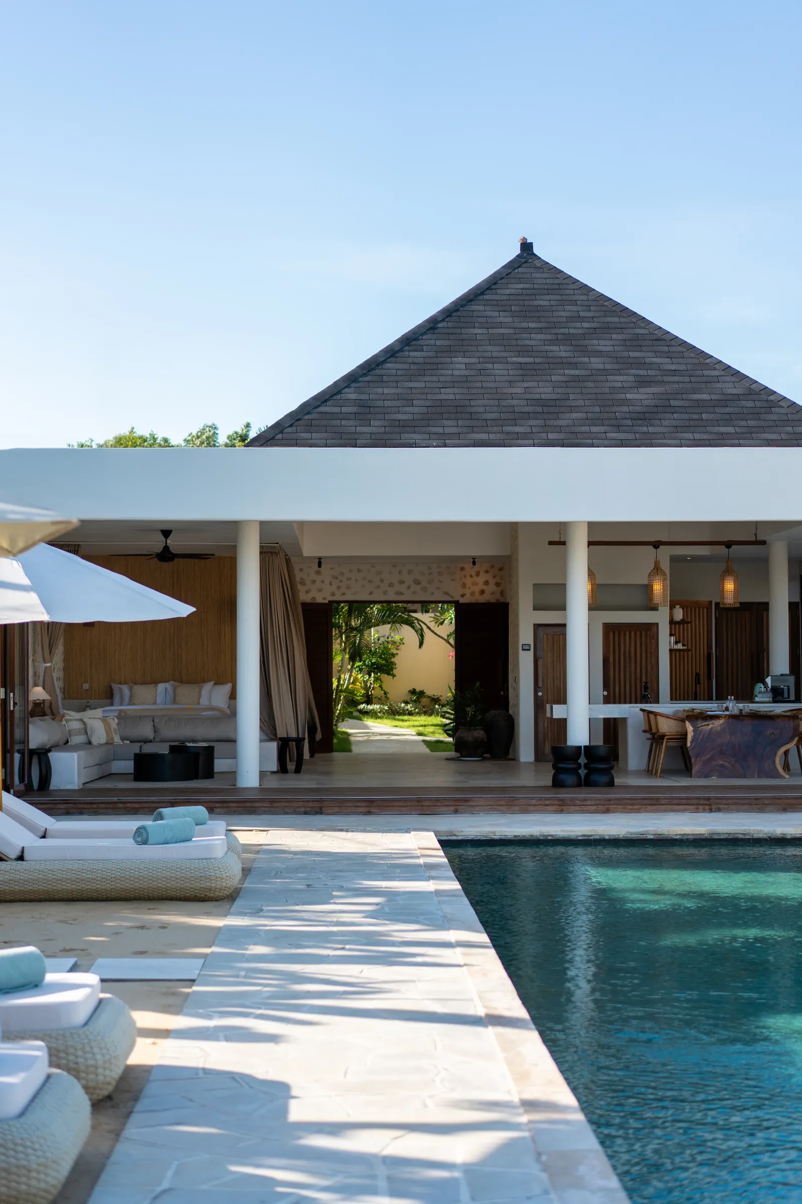 Looking across the pool into the open villa