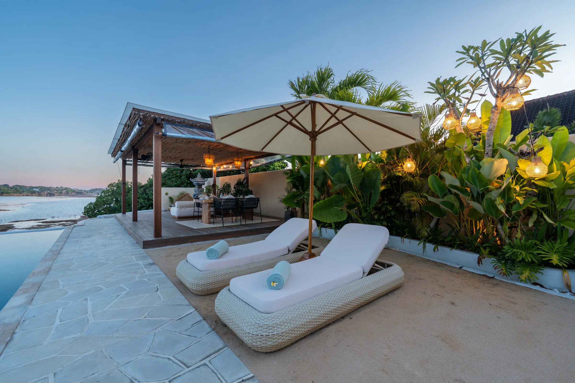 Covered lounge and loungers in the evening light
