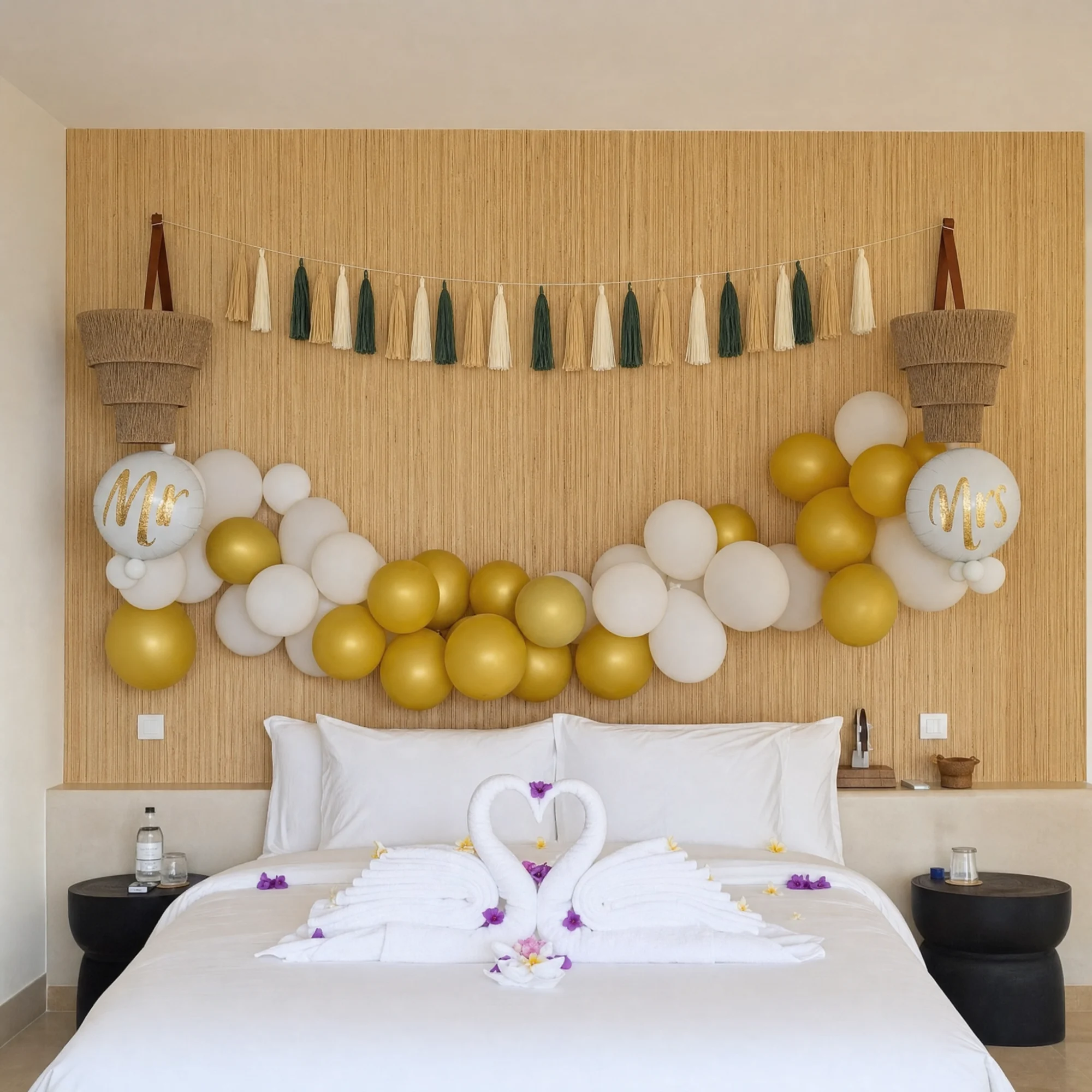 Romantic celebration turndown at Villa Kingfisher: gold and white balloon garland, tassel bunting and swan towel art with frangipani on the bed