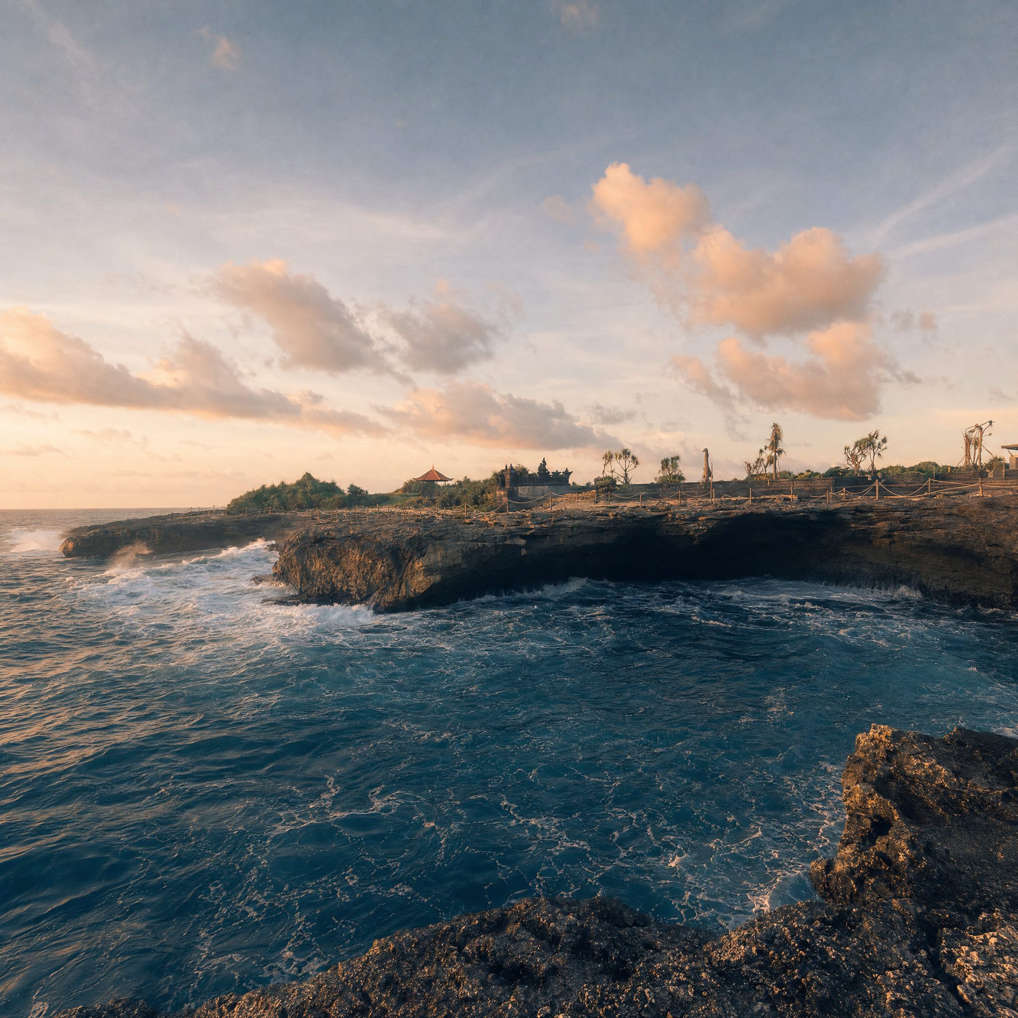 Waves crashing against the limestone cliffs at Devil's Tear, Nusa Lembongan, with a clifftop temple and pavilion above the turquoise sea