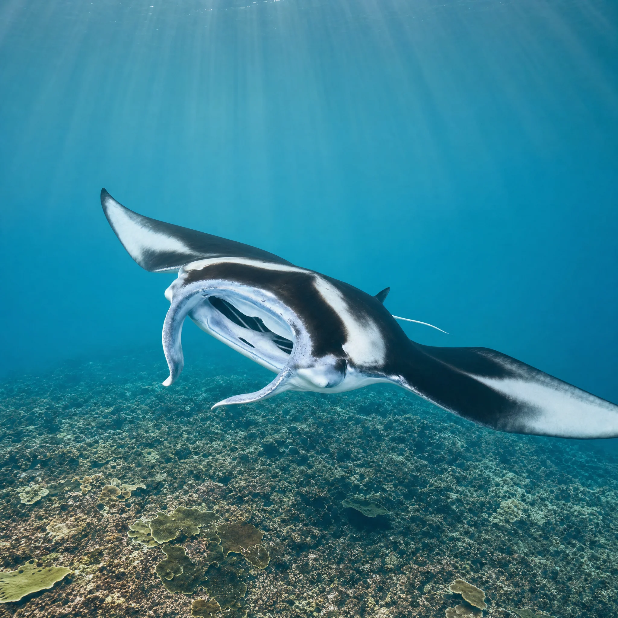 Manta ray gliding over the reef, Nusa Penida