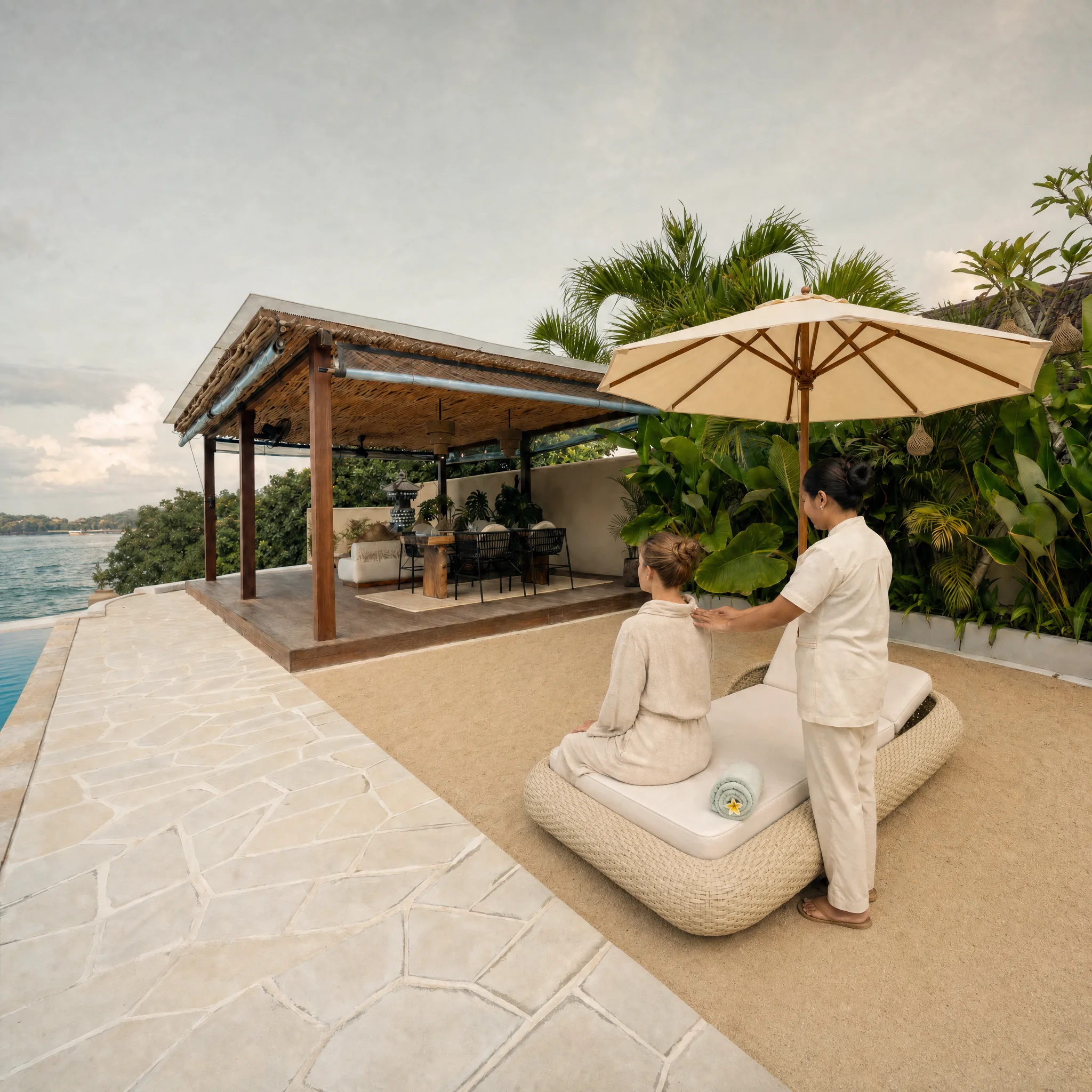 In-villa spa massage at sunset by the water, Villa Kingfisher