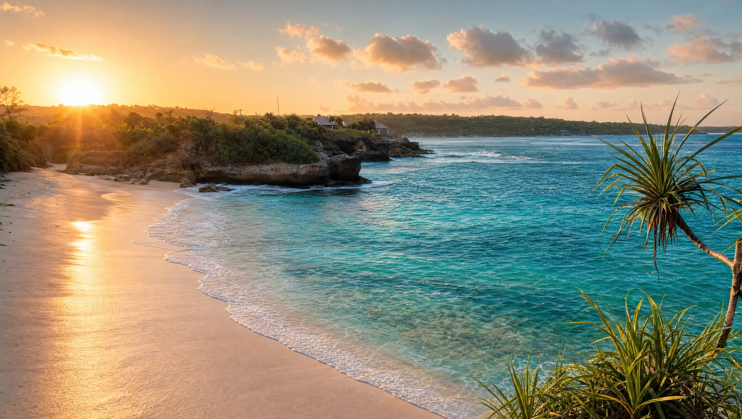 Sunset over a turquoise bay on Nusa Lembongan, with soft waves washing over a golden-sand beach and a pandanus palm in the foreground