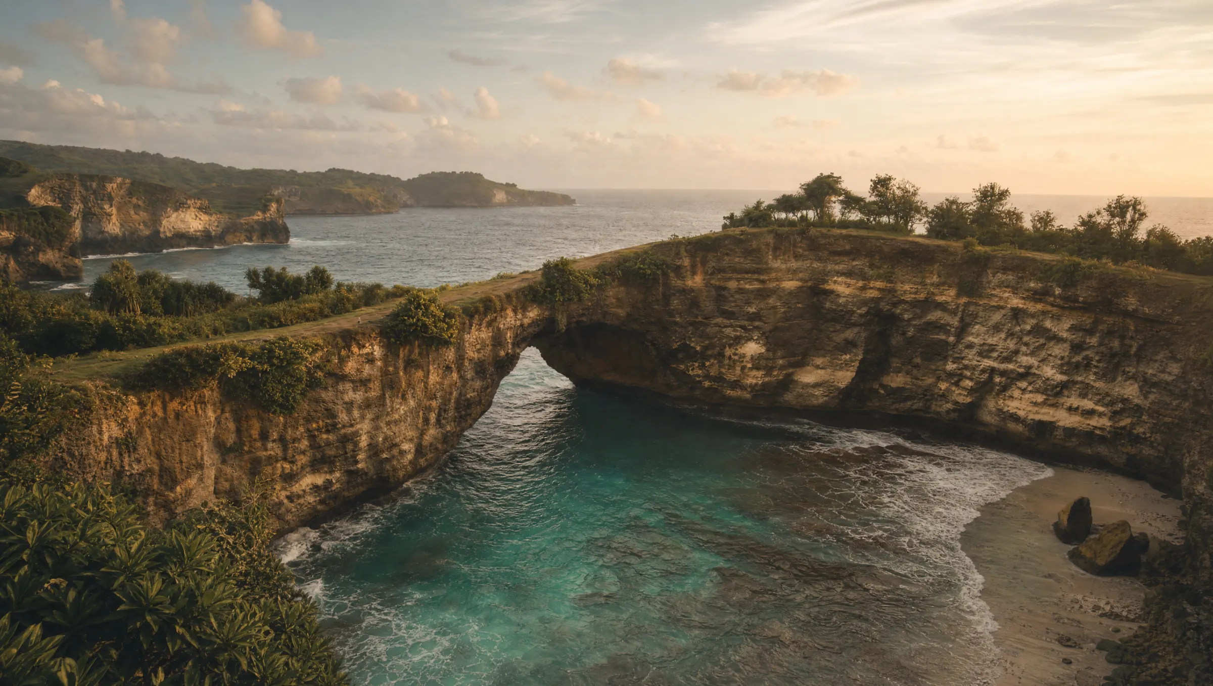 Broken Beach on Nusa Penida at golden hour, a natural rock arch over a turquoise circular cove ringed by cliffs
