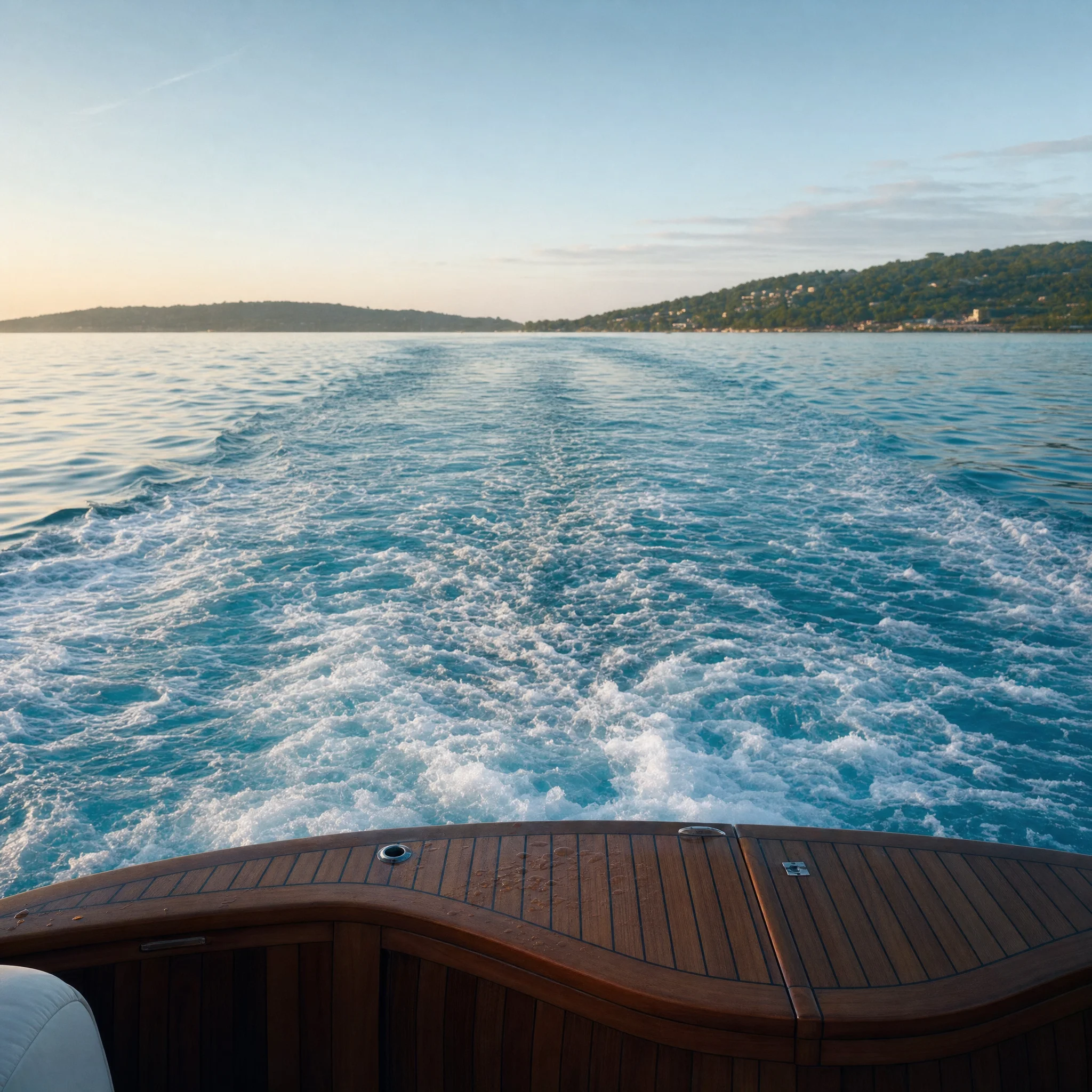 Wake trailing behind a classic teak-deck boat off Nusa Lembongan
