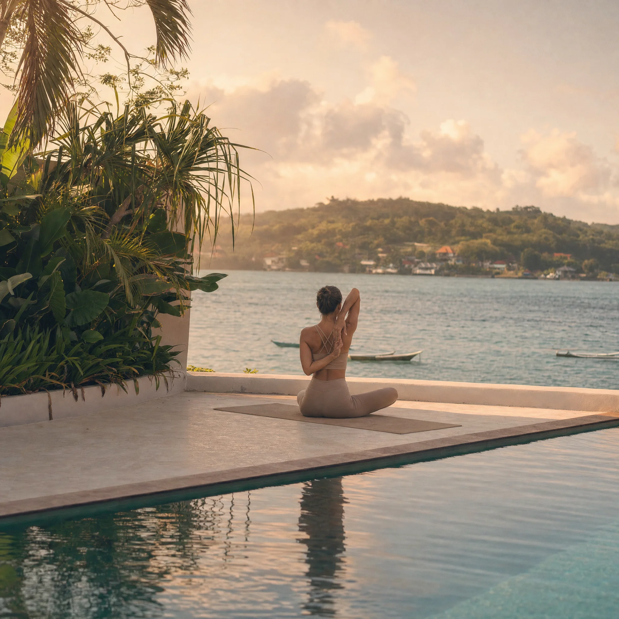 Sunrise yoga by the infinity pool overlooking the sea, Villa Kingfisher